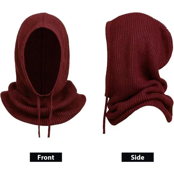 Women Scarf Hat Balaclava Beanie Skull Cap with Drawstring Warm Hat Burgundy - Picture 3 of 7